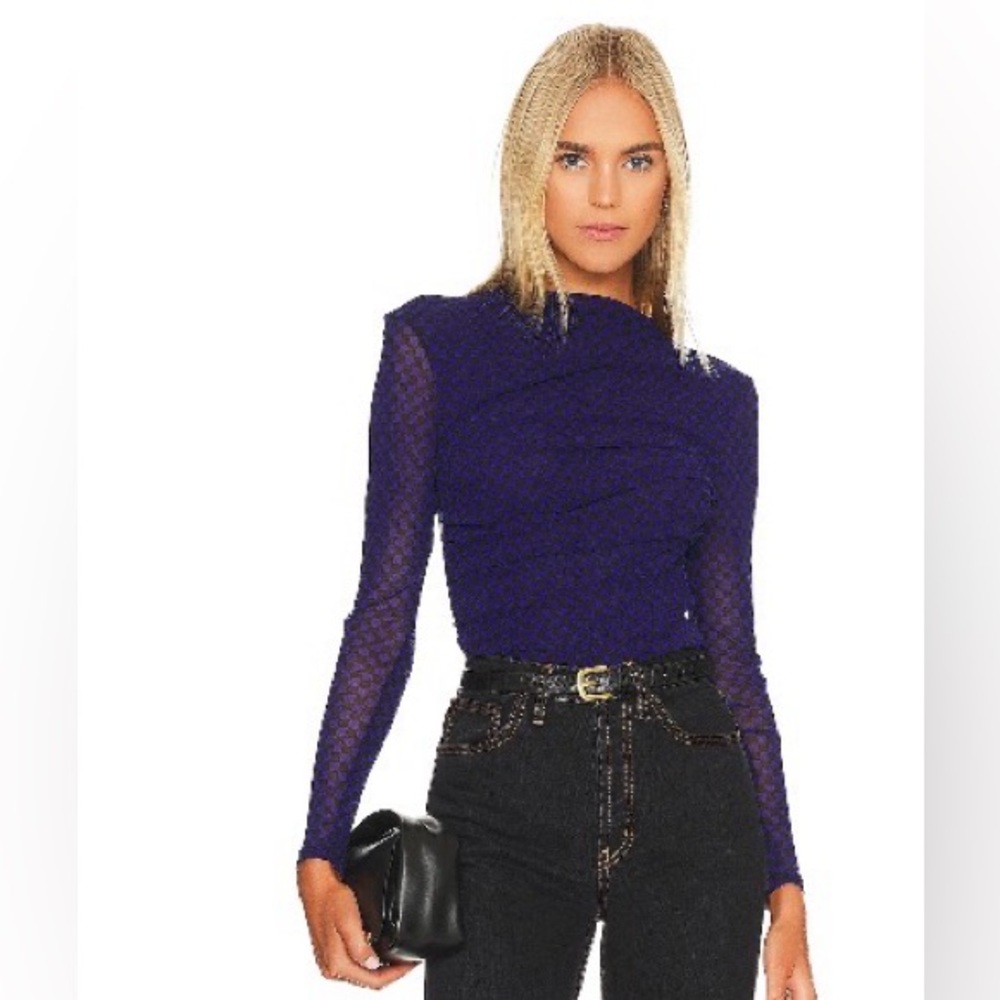 NWOT Enza Costa Black and Blue checkered Mesh Long Sleeve Top